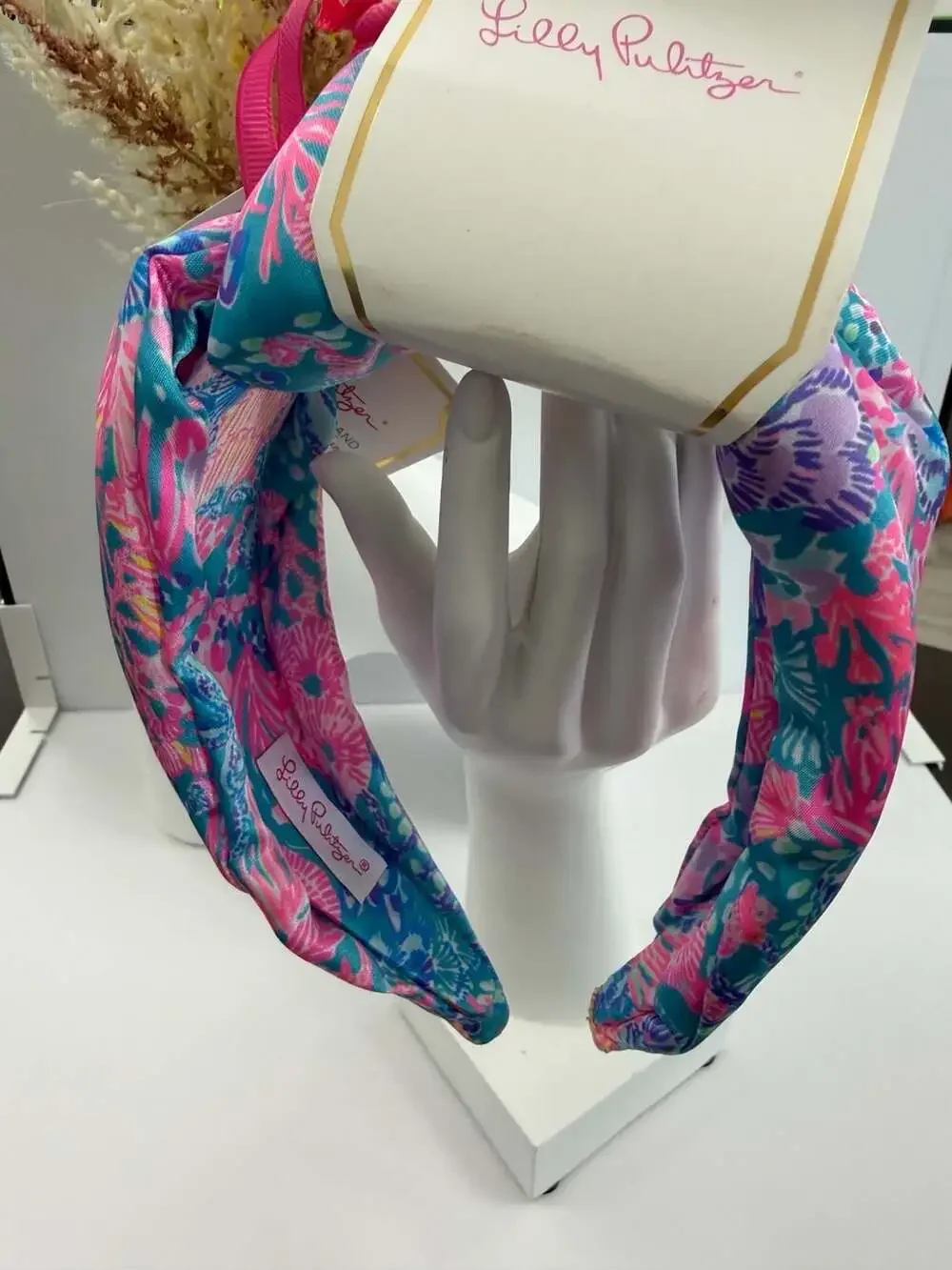 Lilly Pulitzer Splendor In The Sand Wide Knotted Headband Satin Pink Blue NEW